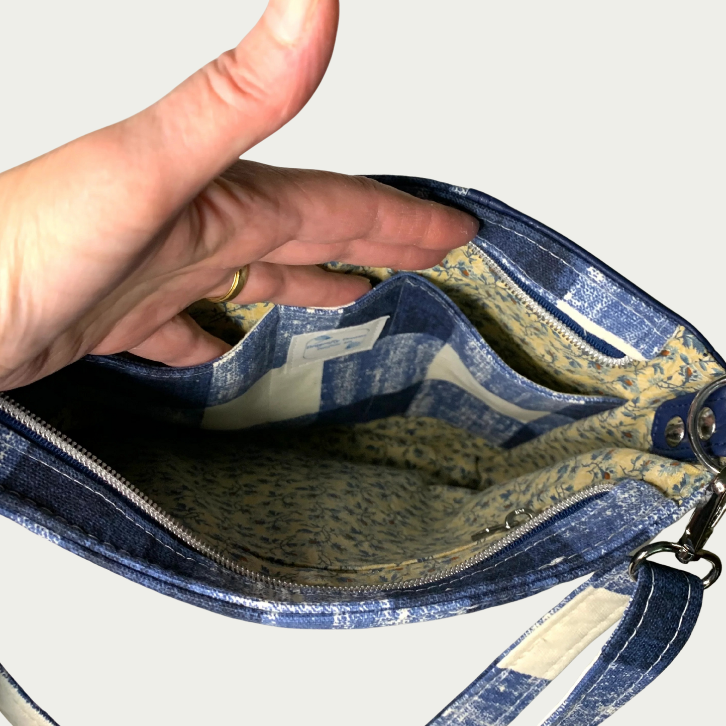 Unisex Messenger Bag - Navy Vinyl and Plaid Canvas