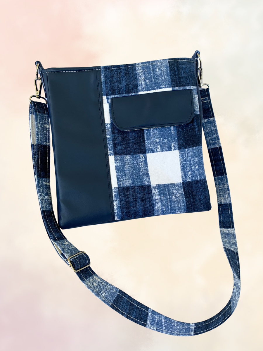 Unisex Messenger Bag - Navy Vinyl and Plaid Canvas