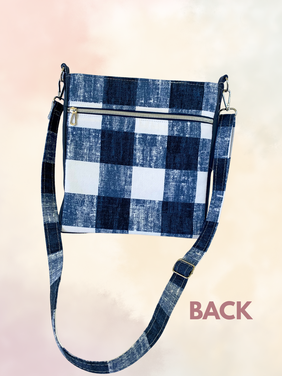 Unisex Messenger Bag - Navy Vinyl and Plaid Canvas