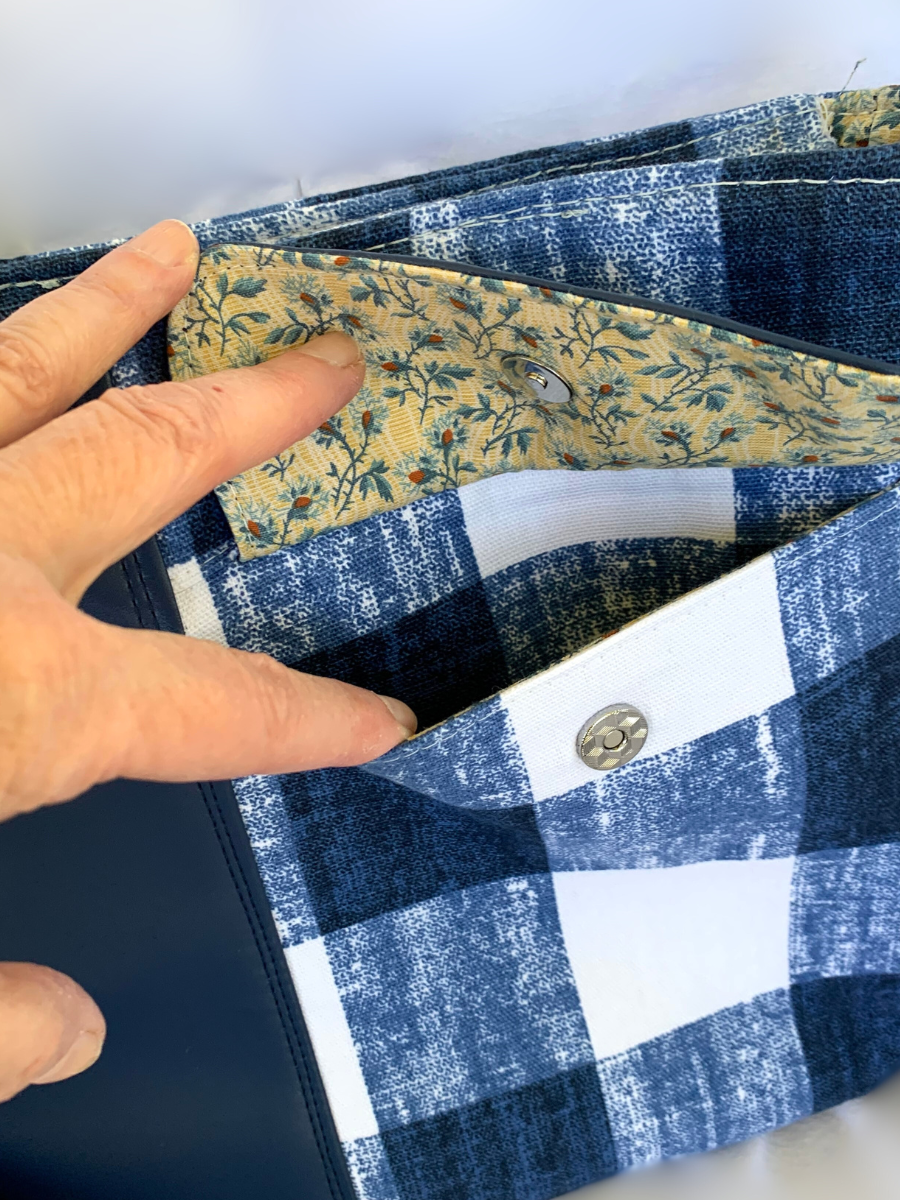 Unisex Messenger Bag - Navy Vinyl and Plaid Canvas