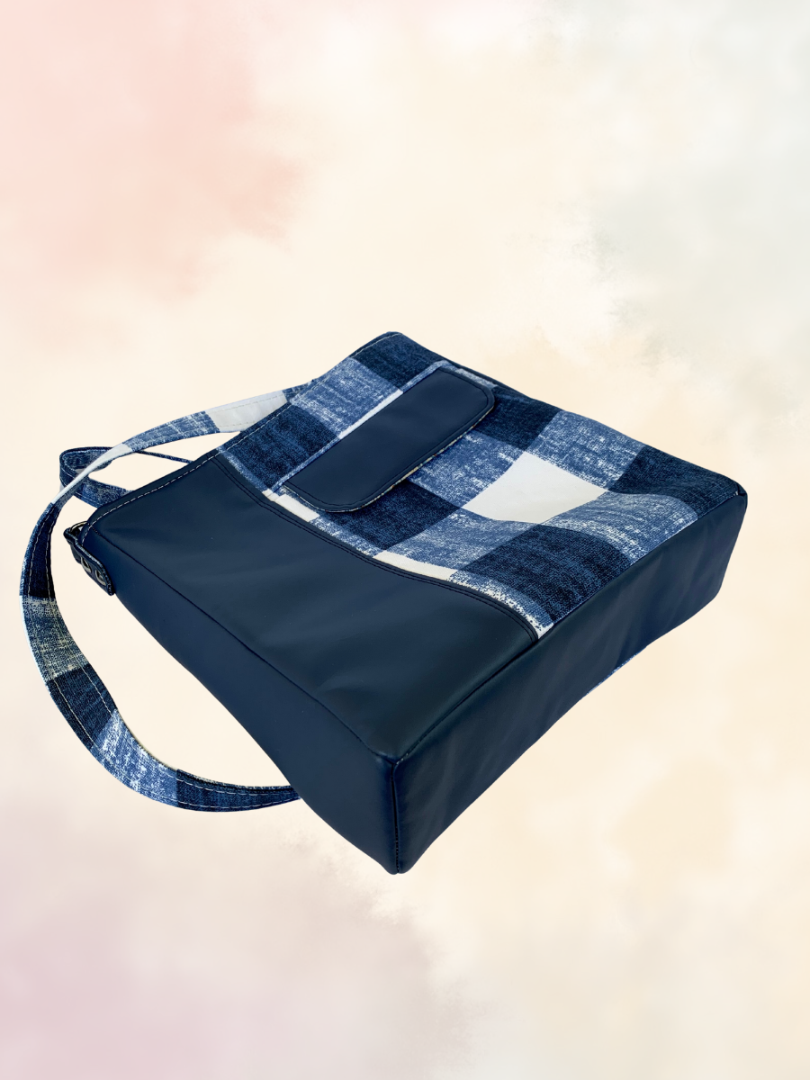 Unisex Messenger Bag - Navy Vinyl and Plaid Canvas