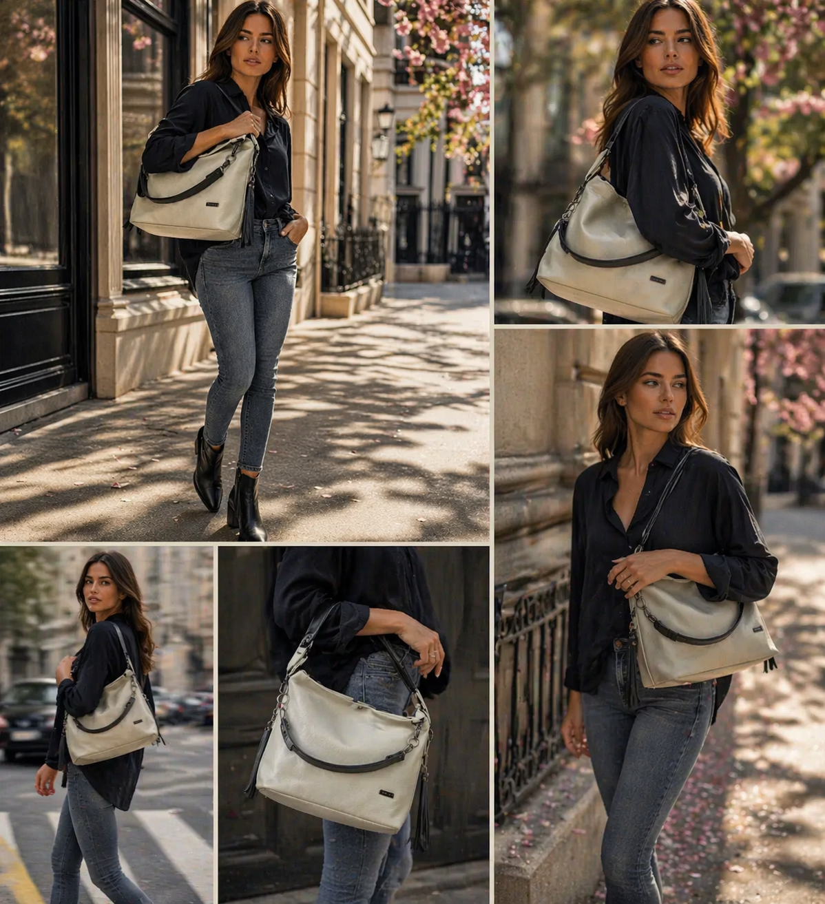 Simplistic Slouch Shoulder Bag - Beige and Black