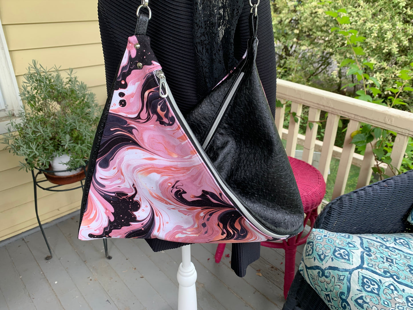 Triangular Shoulder Bag - Pink and Black Swirls