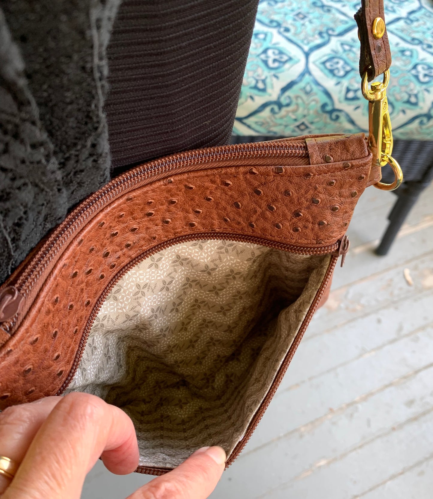 Multi-Zippered Crossbody - Brown Faux Ostrich