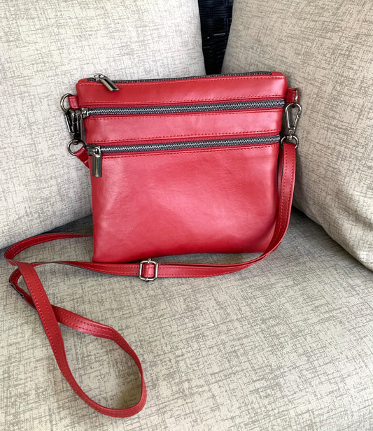 Multi-Zippered  Crossbody - Cherry Faux Leather