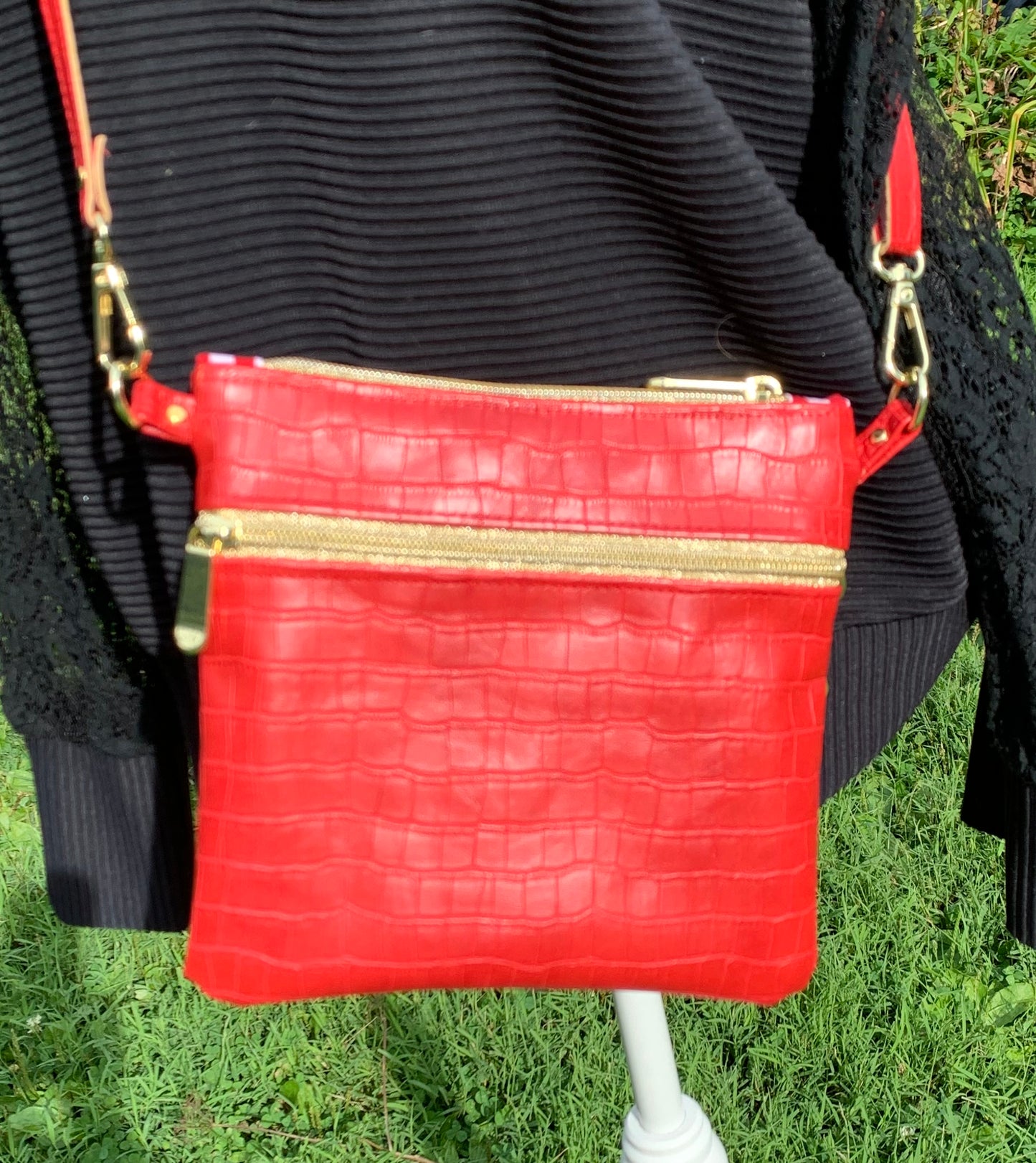 Multi-Zippered Crossbody - Red Faux Crocodile
