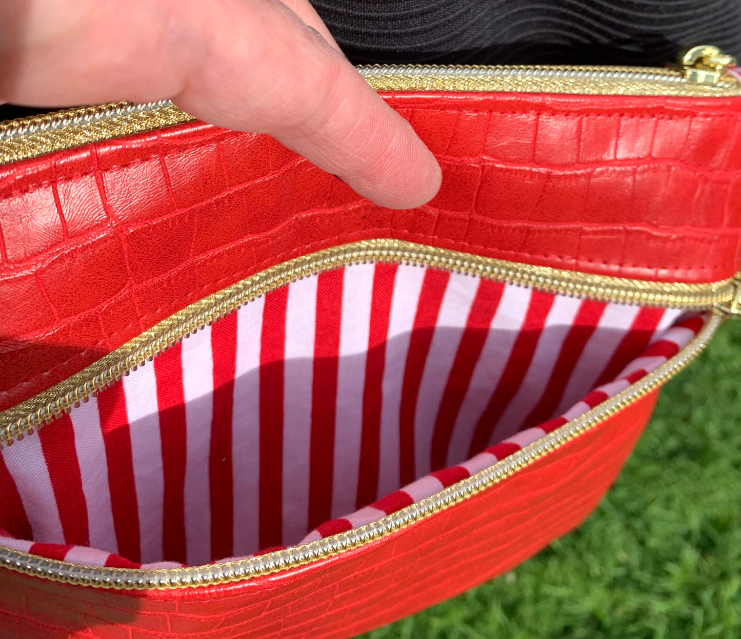 Multi-Zippered Crossbody - Red Faux Crocodile