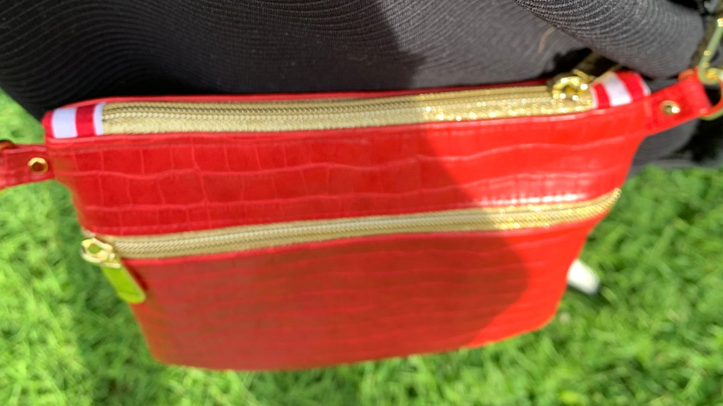 Multi-Zippered Crossbody - Red Faux Crocodile