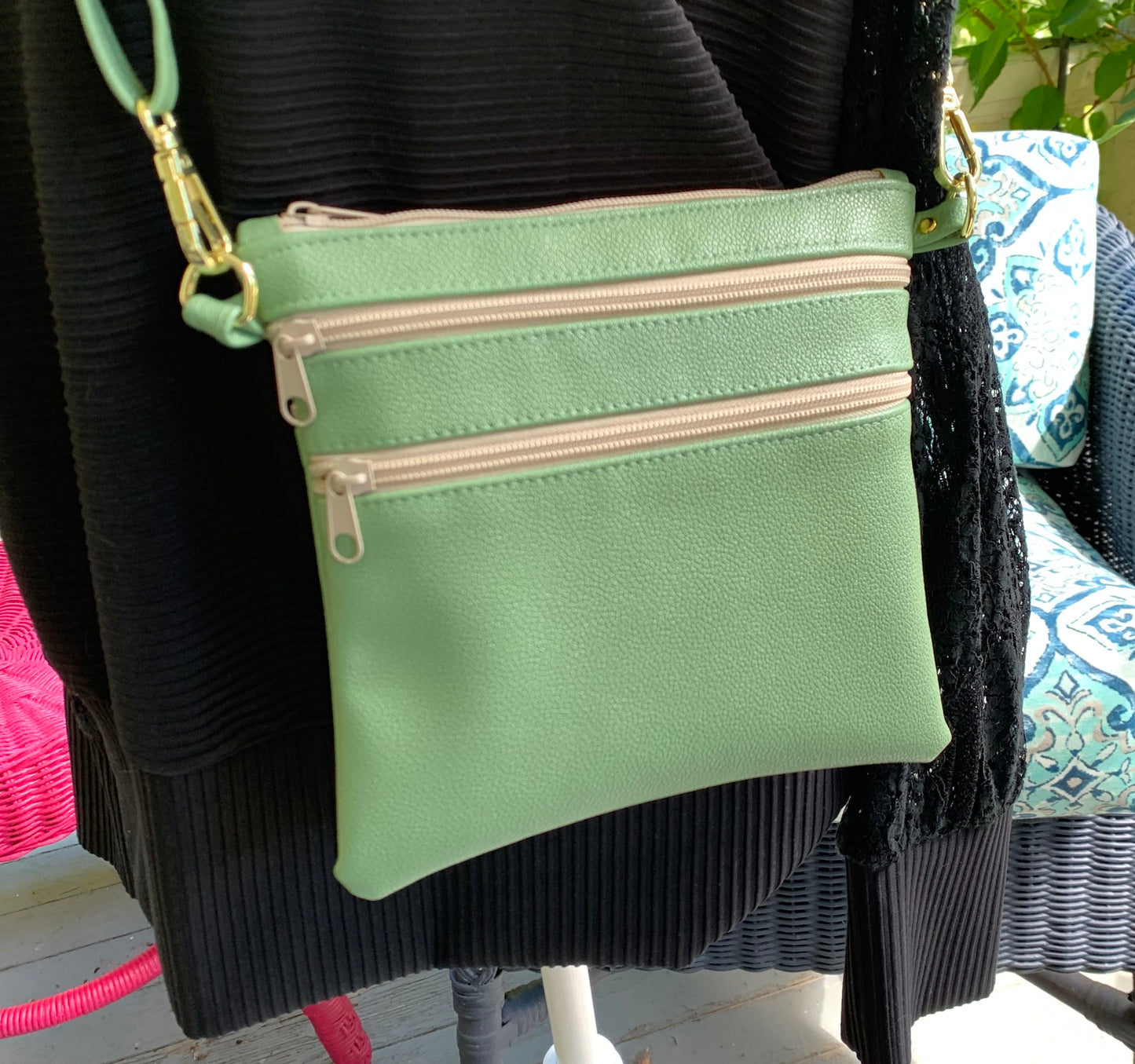 Multi-Zippered Crossbody - Sage Faux Leather