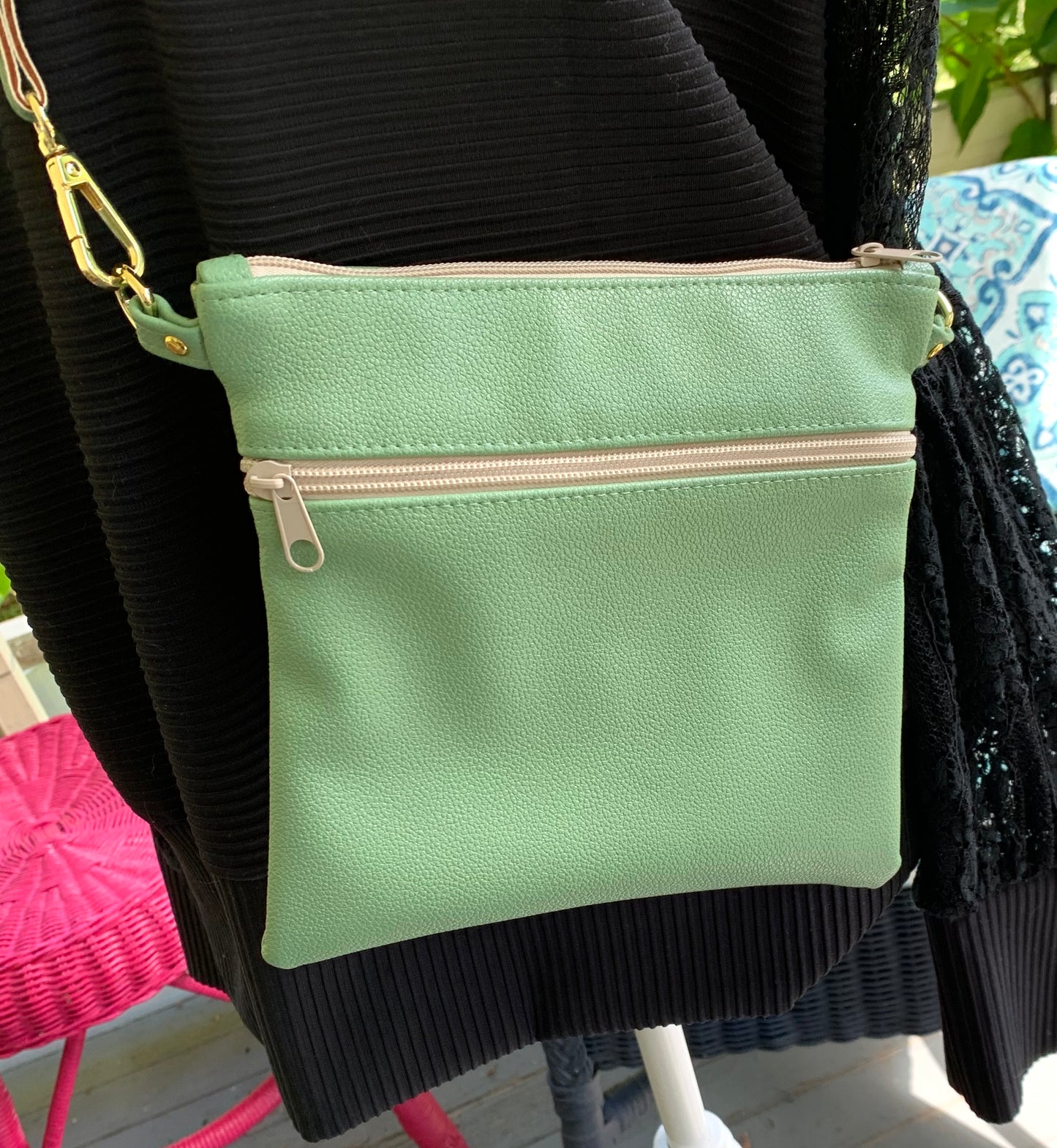Multi-Zippered Crossbody - Sage Faux Leather
