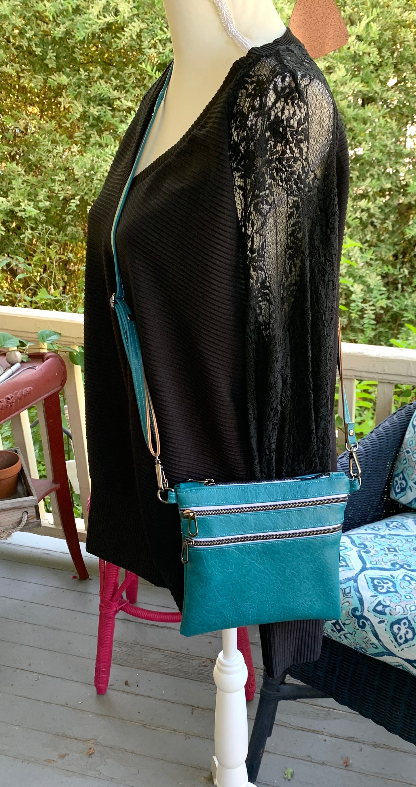 Multi-Zippered Crossbody - Teal Faux Leather