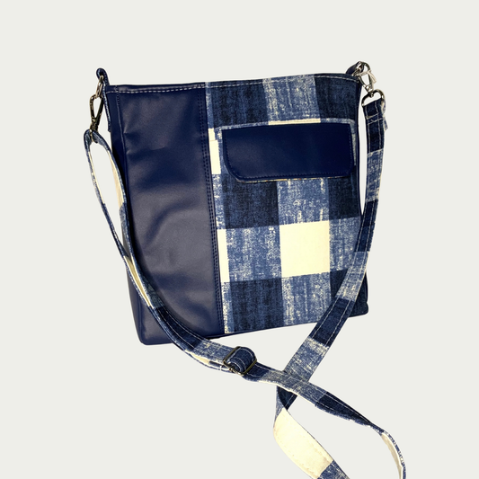 Unisex Messenger Bag - Navy Vinyl and Plaid Canvas