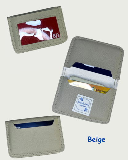 Handcrafted compact bifold wallet made from soft beige upholstery vinyl. Views of the front, back and the inside are shown. Cards are in all slots and cash in one inside slot. A Dragonfly Dreams label is sewn onto the inside bottom card pocket. The word Beige is displayed in the bottom right of the photo.