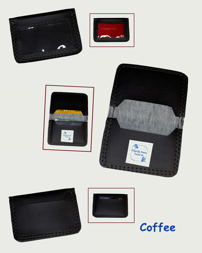 Handcrafted compact bifold wallet made from a coffee marine vinyl. The wallet is shown in six different views, front, back and the inside when opened. One of each is shown empty, another of each is shown with cards and/or cash. A clear vinyl window pocket is evident in the views of the front.  The back views show a card slot. There is a card slot on both flaps of the inside of the wallet with a Dragonfly Dreams label sewn onto the bottom card slot and is shown in both of these views. The word coffee is disp