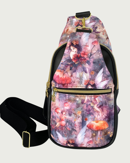 Handcrafted sling bag with a print of an enchanted forest with fairies and mushrooms in pinks and purples, grays and oranges. Water-resistant canvas bag with black faux leather accents with an adjustable wide black cotton webbing strap also repositional for left and right handed wear. All hardware is gold including the zipper teeth on black zipper tape. A front zipper pocket is shown as well as a front panel that unhooks with a swivel held onto a d-ring. Behind that is a curved zippered main compartment of 