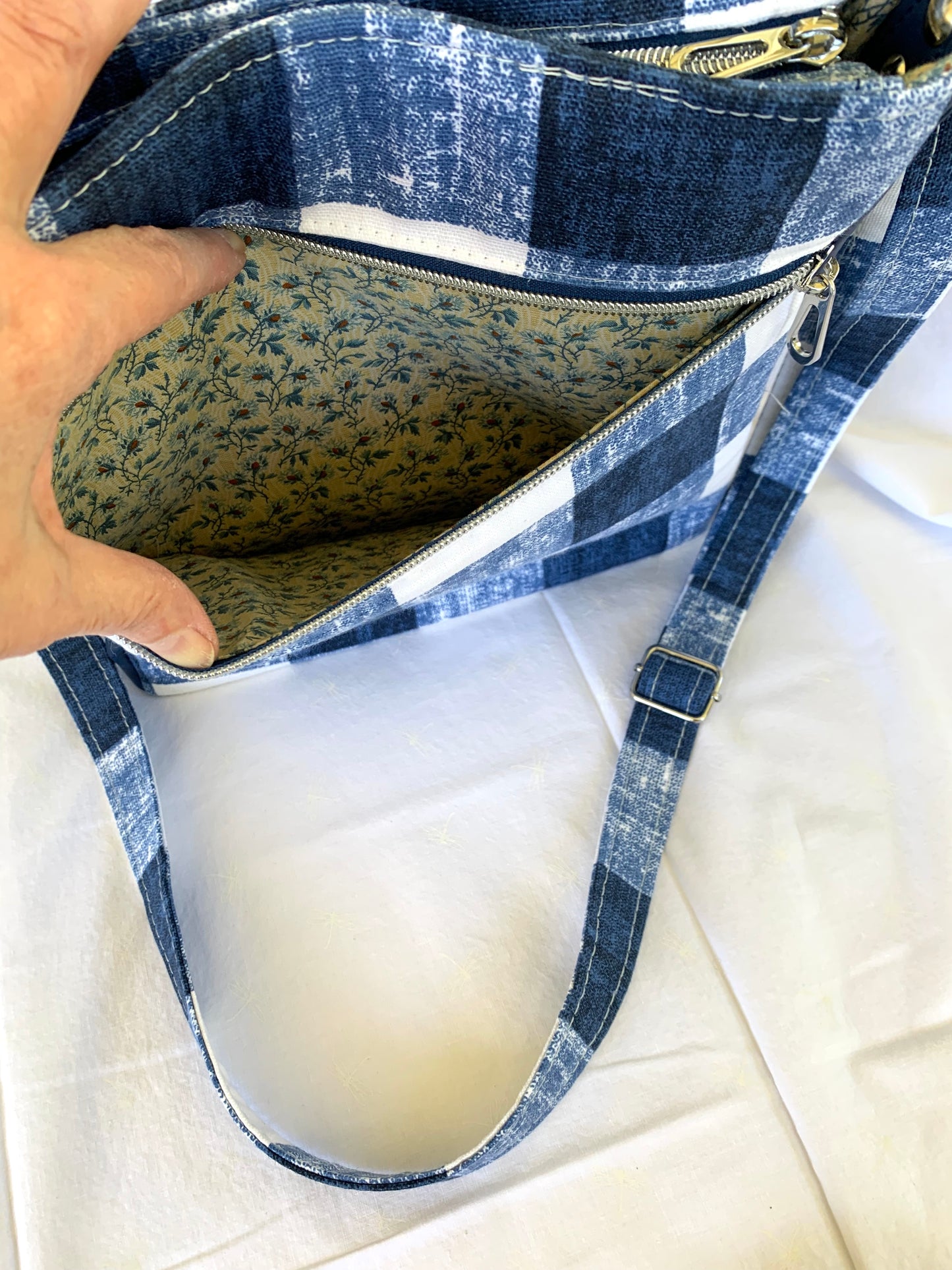 Unisex Messenger Bag - Navy Vinyl and Plaid Canvas