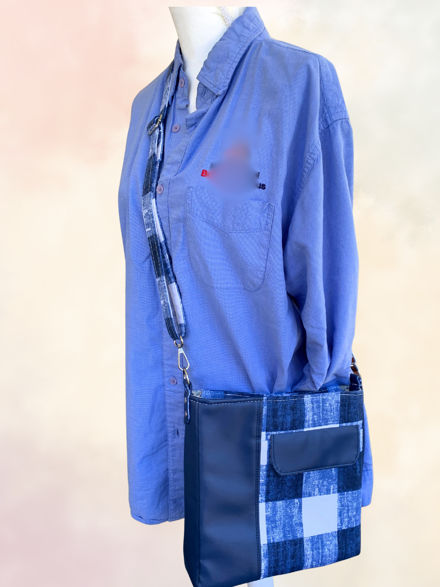 Unisex Messenger Bag - Navy Vinyl and Plaid Canvas
