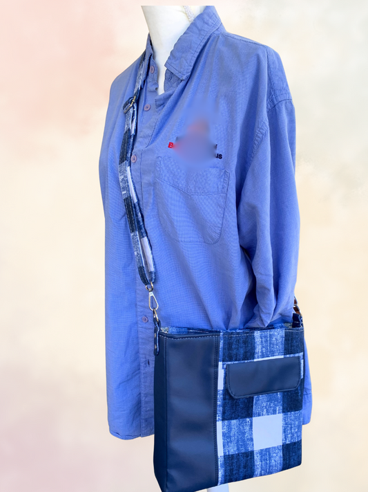 Unisex Messenger Bag - Navy Vinyl and Plaid Canvas