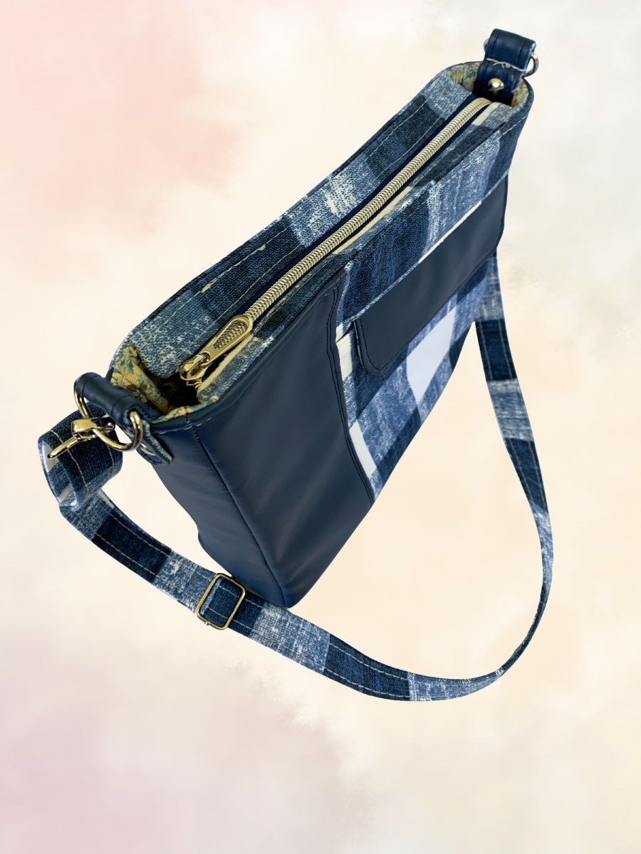 Unisex Messenger Bag - Navy Vinyl and Plaid Canvas
