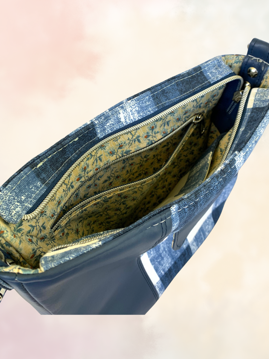 Unisex Messenger Bag - Navy Vinyl and Plaid Canvas