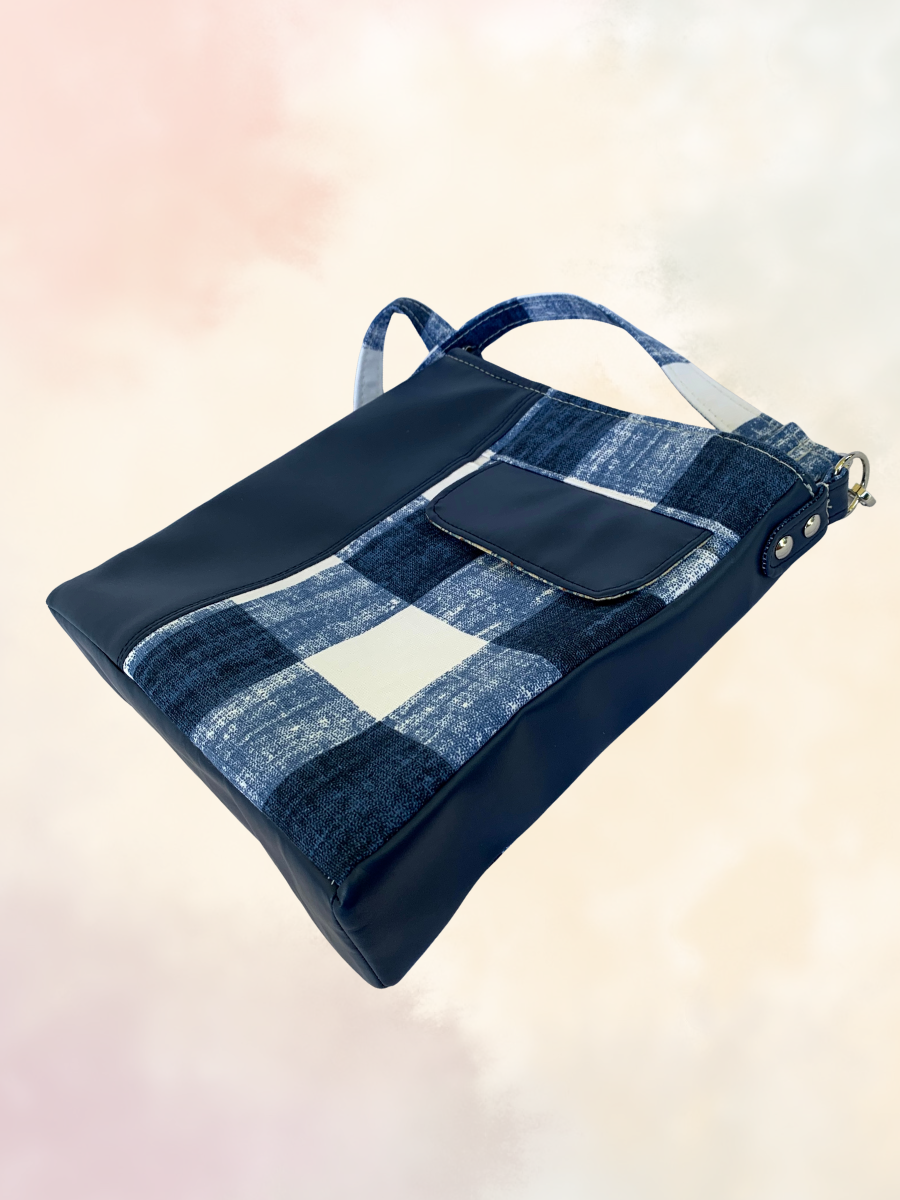 Unisex Messenger Bag - Navy Vinyl and Plaid Canvas