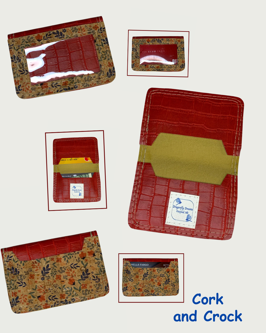 Handcrafted compact bifold wallet made from red faux crocodile leather with floral cork leather overlays on front and back making up the card slots. Six views are shown. Two views are of the wallet open displaying cash and cards in both slots of one while the other shows the wallet empty. A Dragonfly Dreams label is sewn onto the bottom card slot. Two views are of the front showing a clear vinyl window, one view with cards and one with no cards. The final two views are of the back of the wallet, one showing