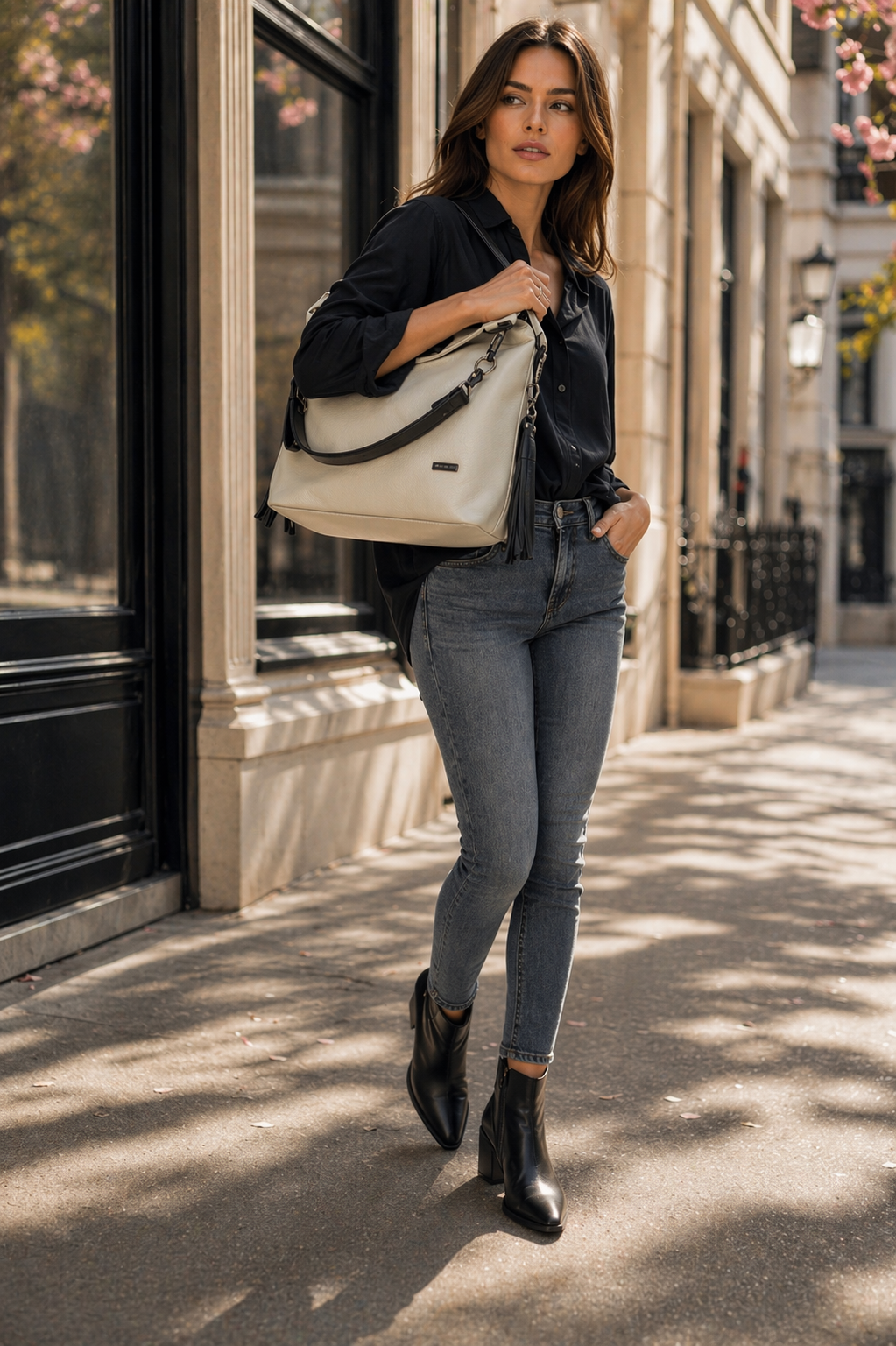 Simplistic Slouch Shoulder Bag - Beige and Black