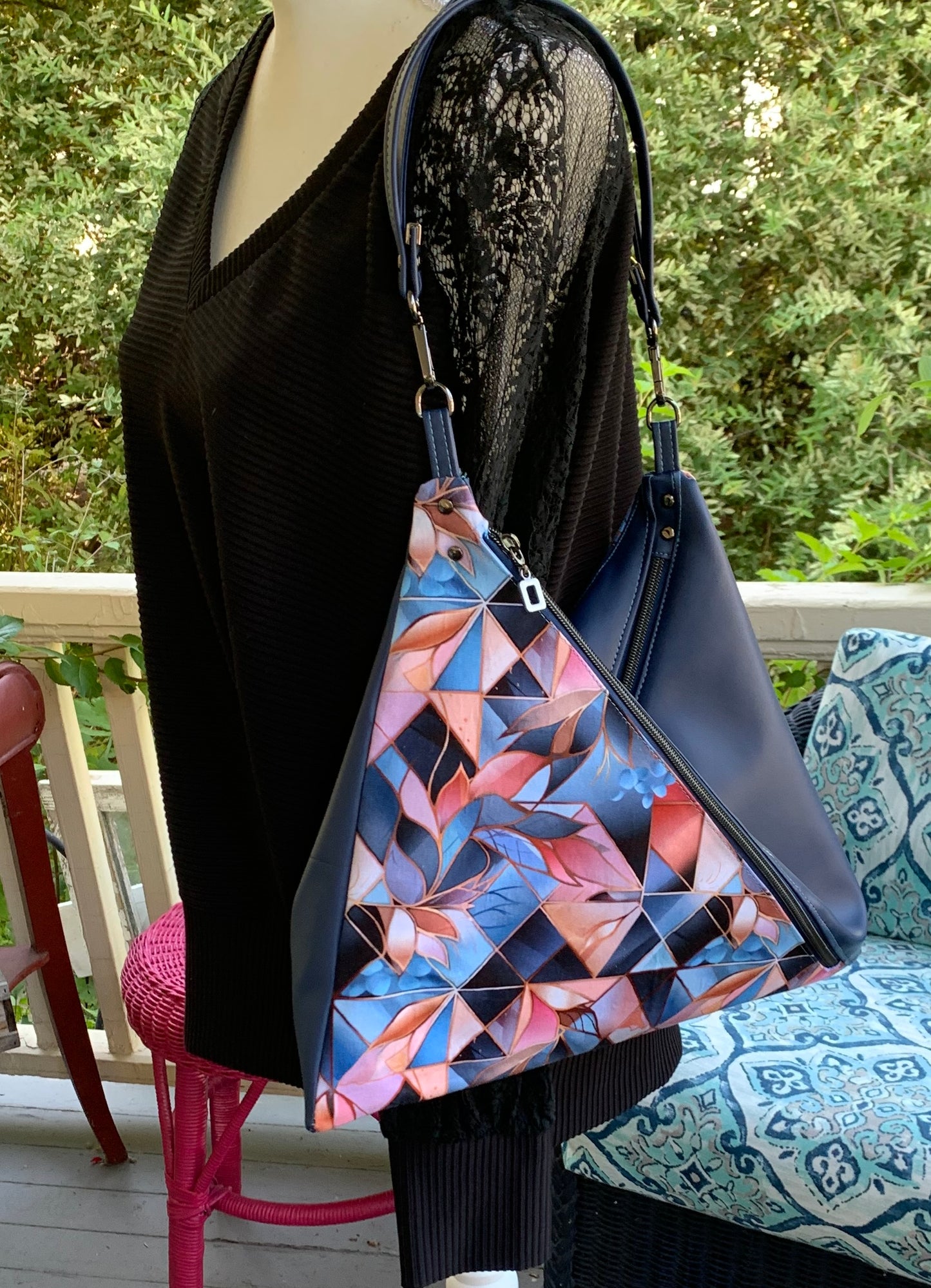 Triangular Shoulder Bag - Navy Geometric