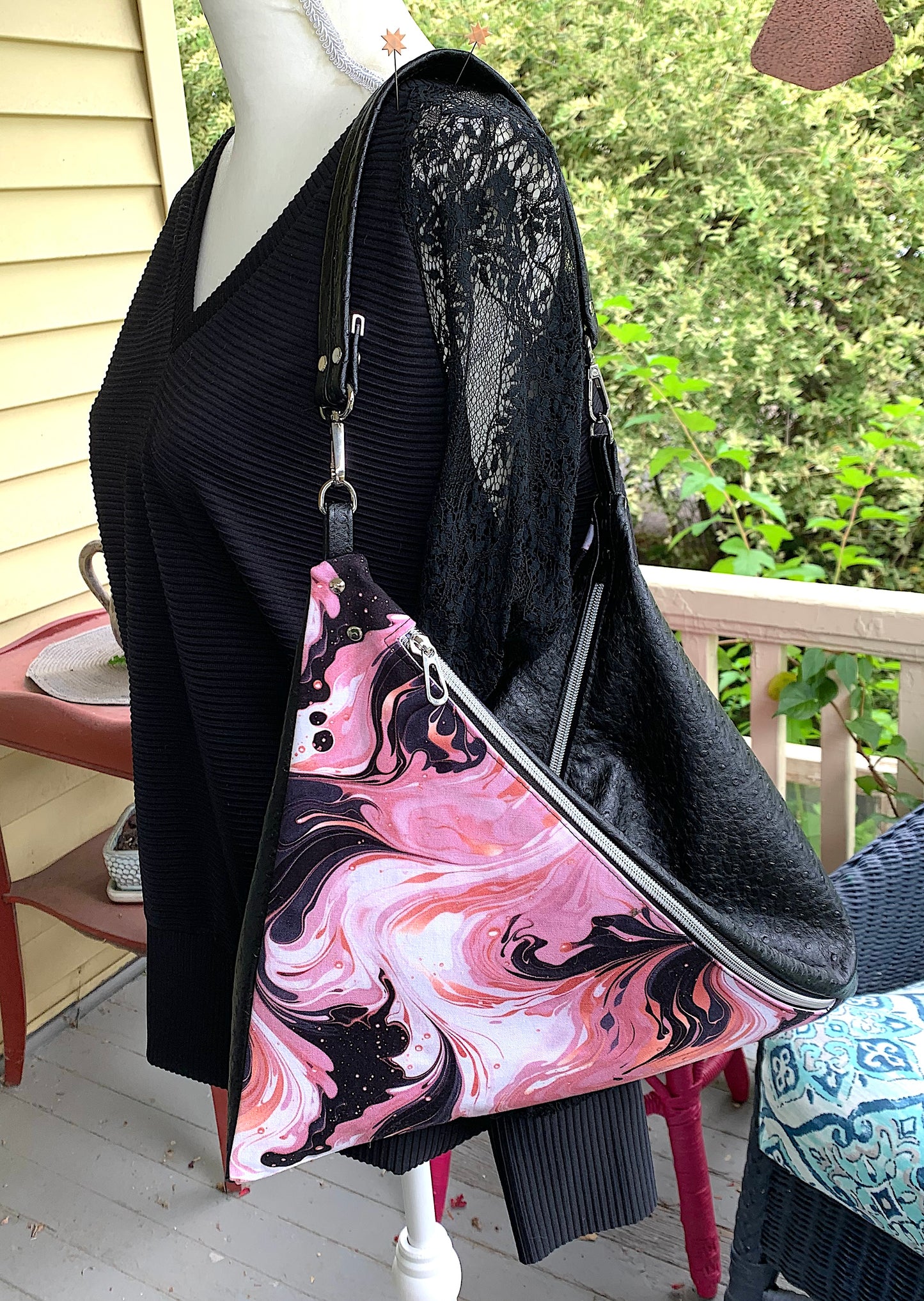 Triangular Shoulder Bag - Pink and Black Swirls