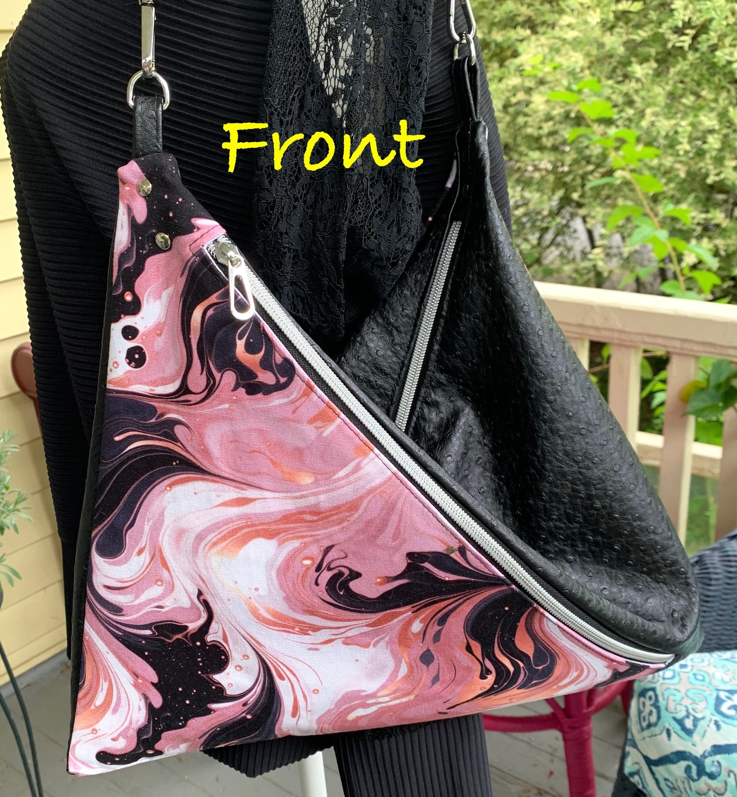 Triangular Shoulder Bag - Pink and Black Swirls