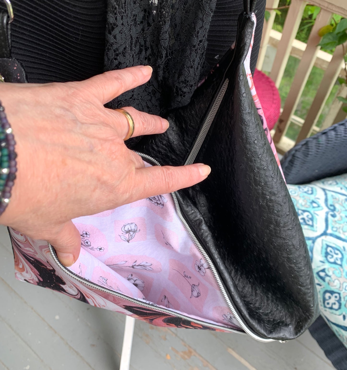 Triangular Shoulder Bag - Pink and Black Swirls