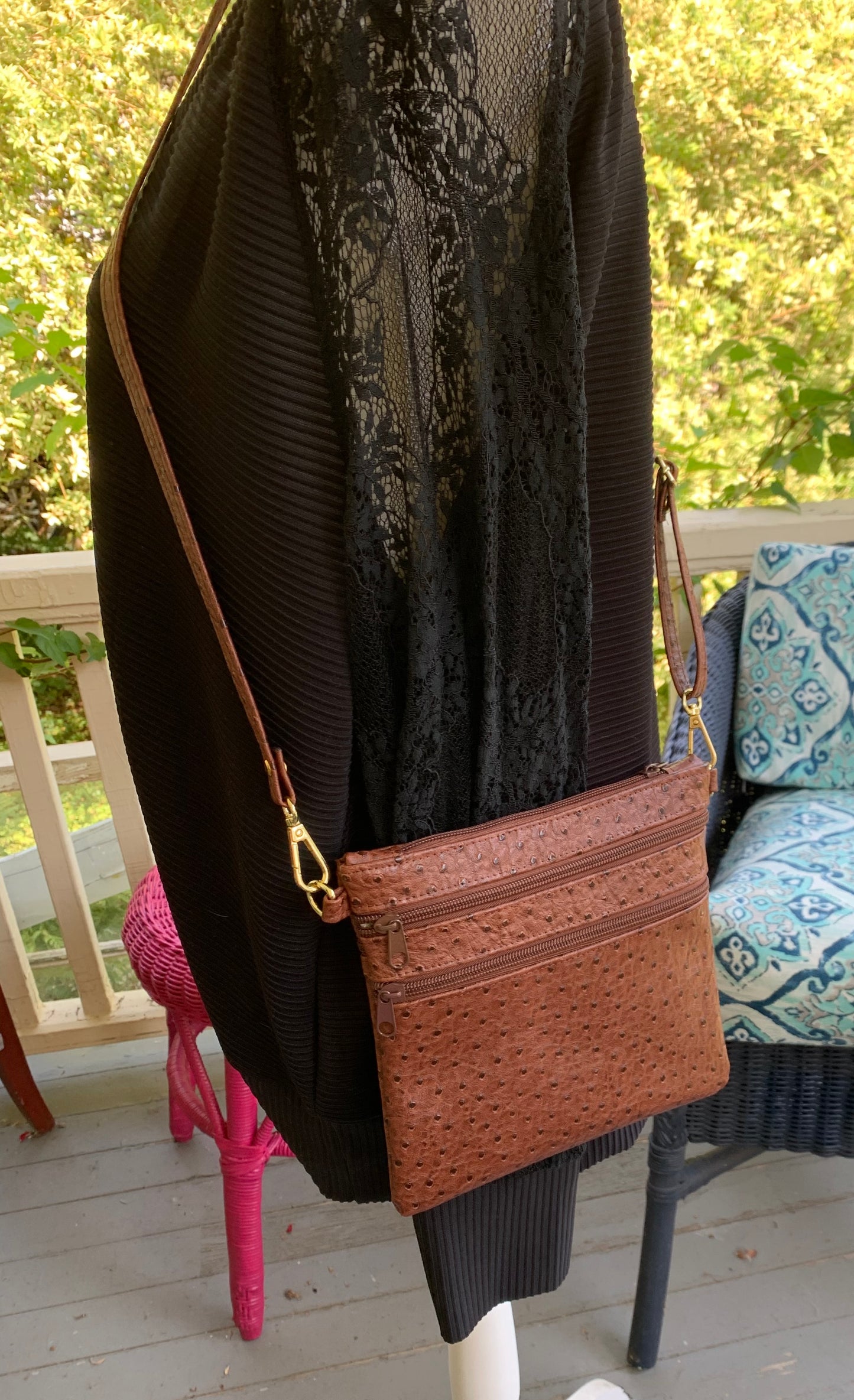 Multi-Zippered Crossbody - Brown Faux Ostrich