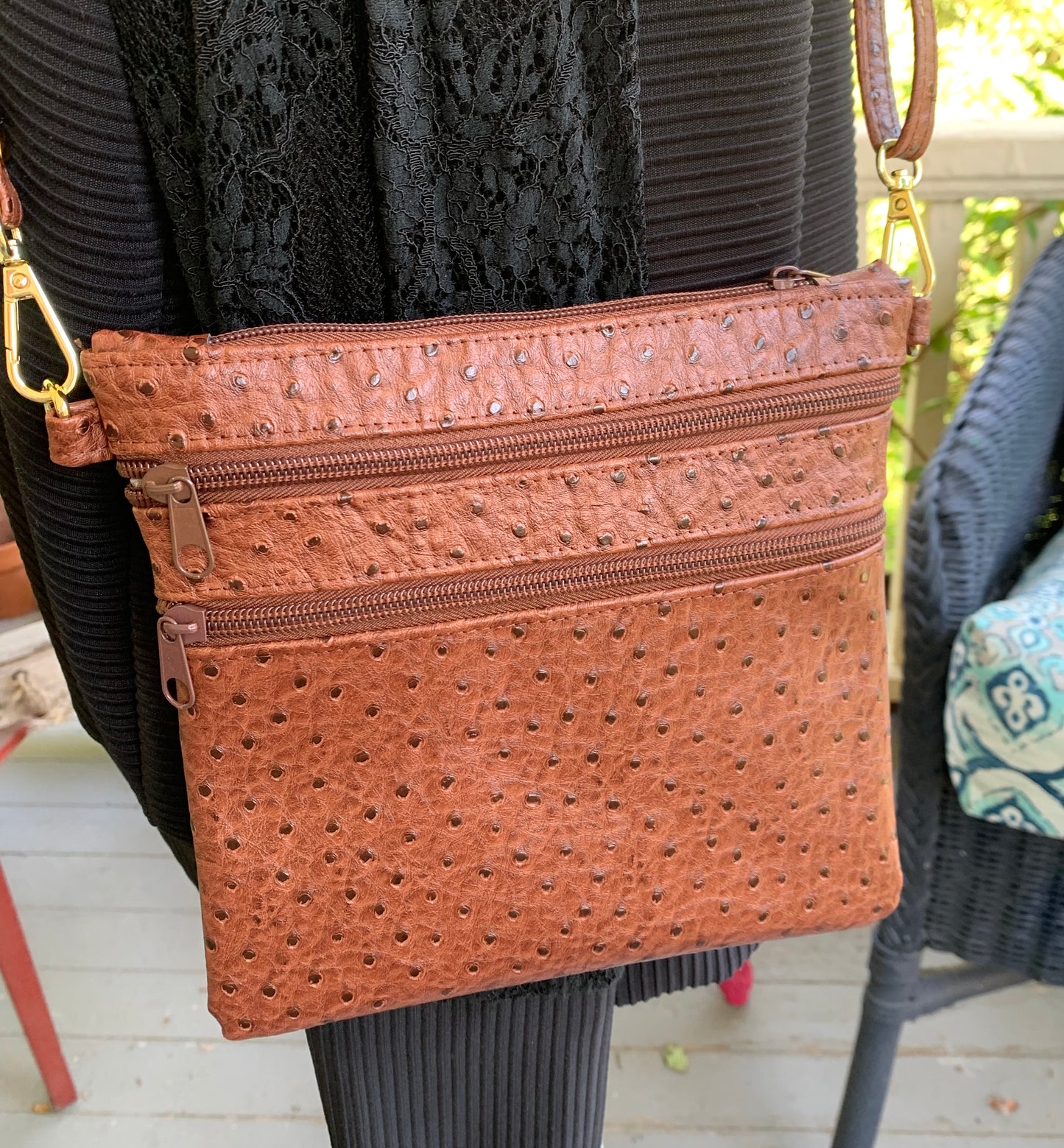 Multi-Zippered Crossbody - Brown Faux Ostrich