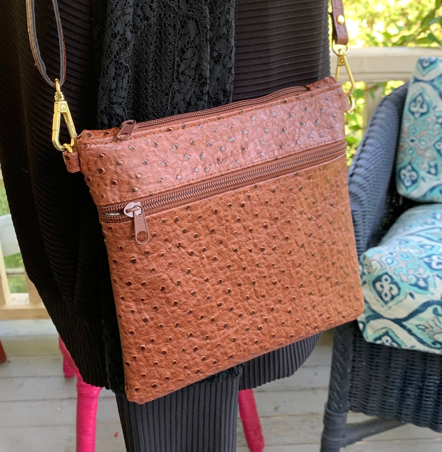 Multi-Zippered Crossbody - Brown Faux Ostrich