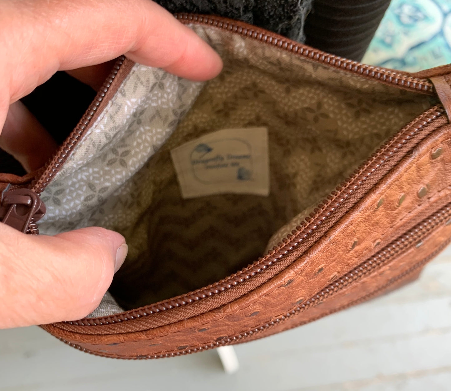 Multi-Zippered Crossbody - Brown Faux Ostrich