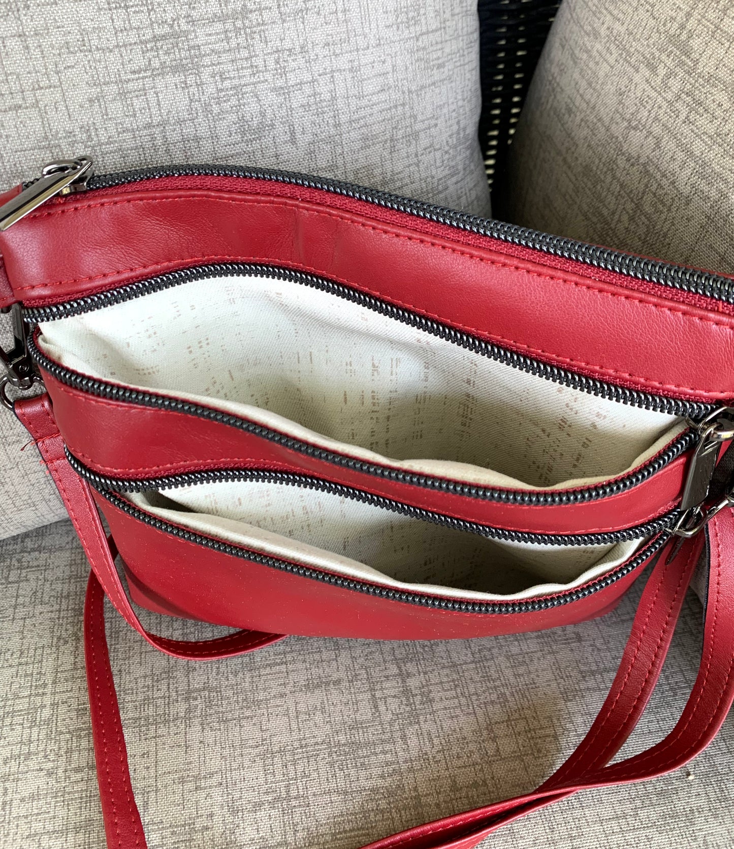Multi-Zippered  Crossbody - Cherry Faux Leather