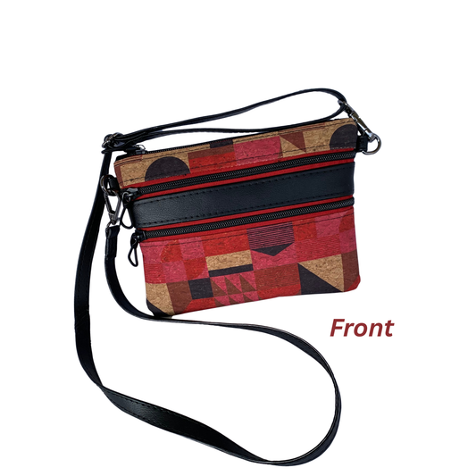 Mini Multi-Zippered Crossbody - Red and Black Cork and Vinyl