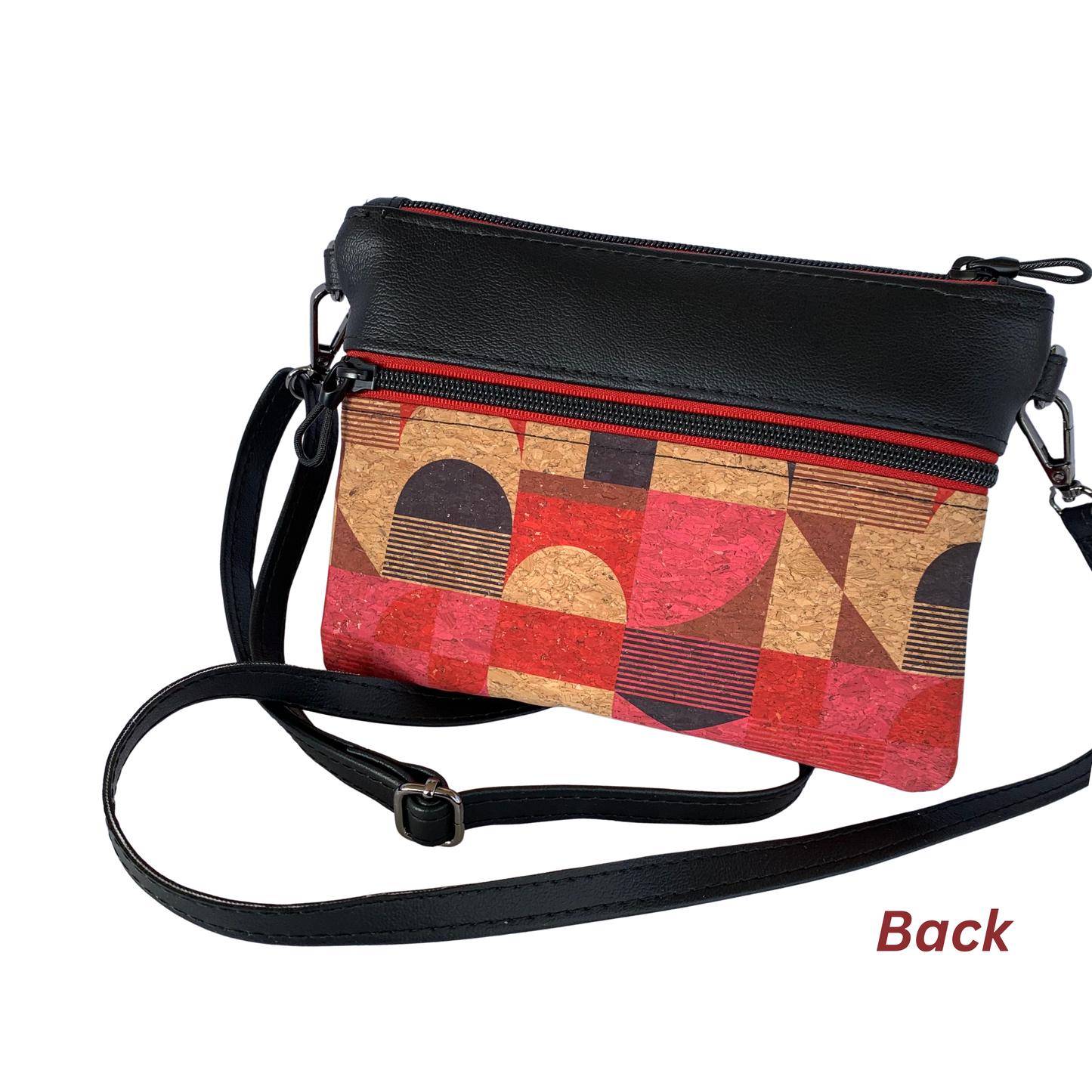Mini Multi-Zippered Crossbody - Red and Black Cork and Vinyl