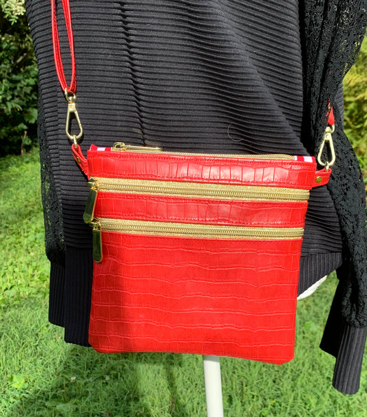 Multi-Zippered Crossbody - Red Faux Crocodile