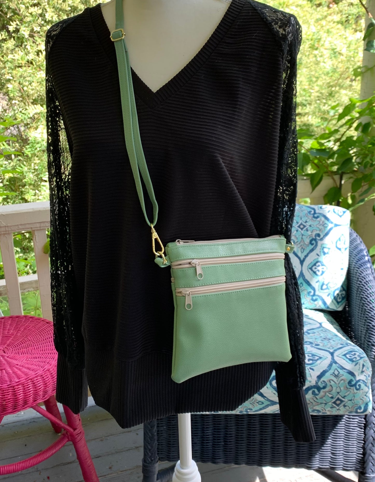 Multi-Zippered Crossbody - Sage Faux Leather