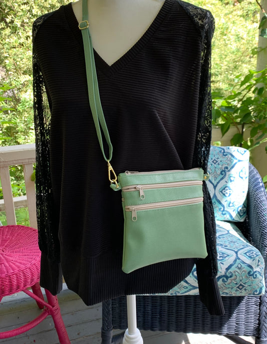 Multi-Zippered Crossbody - Sage Faux Leather