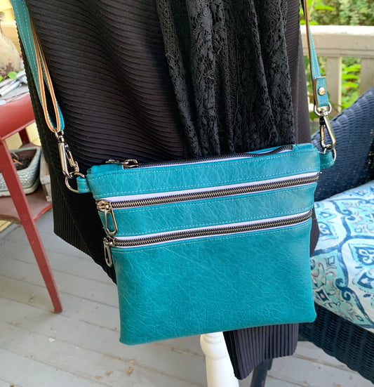 Multi-Zippered Crossbody - Teal Faux Leather
