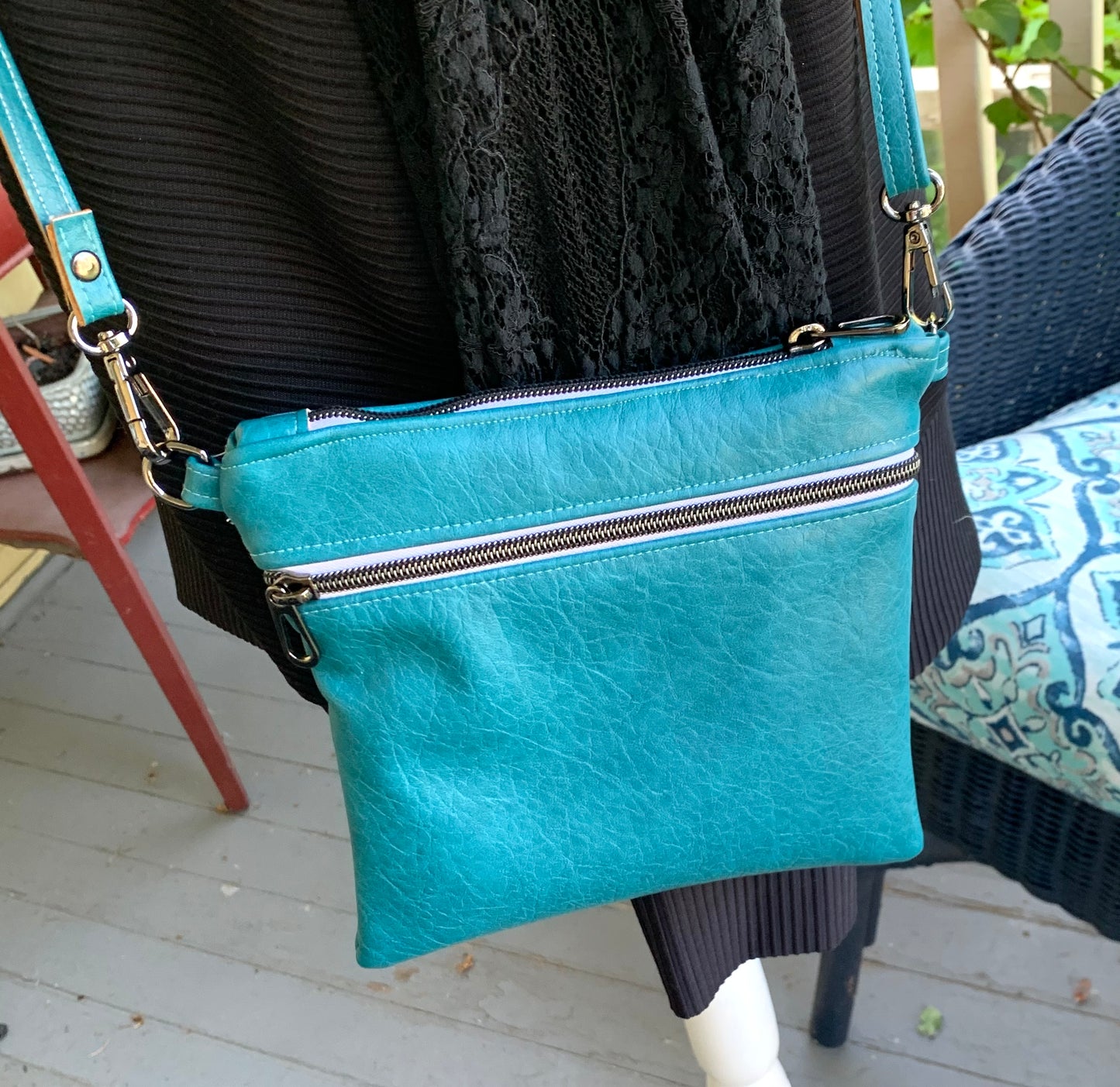 Multi-Zippered Crossbody - Teal Faux Leather