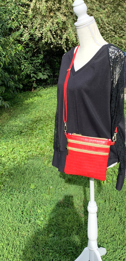 Multi-Zippered Crossbody - Red Faux Crocodile Leather